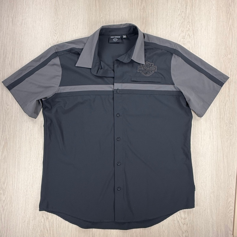 Harley-Davidson Mens XL Performance Button Up Shirt Black Grey Short Sleeve Logo